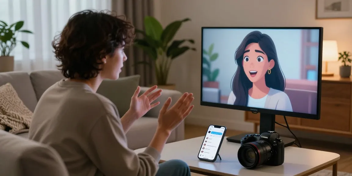 Person interacting with an AI girlfriend on a smart screen in a cozy living room setting.