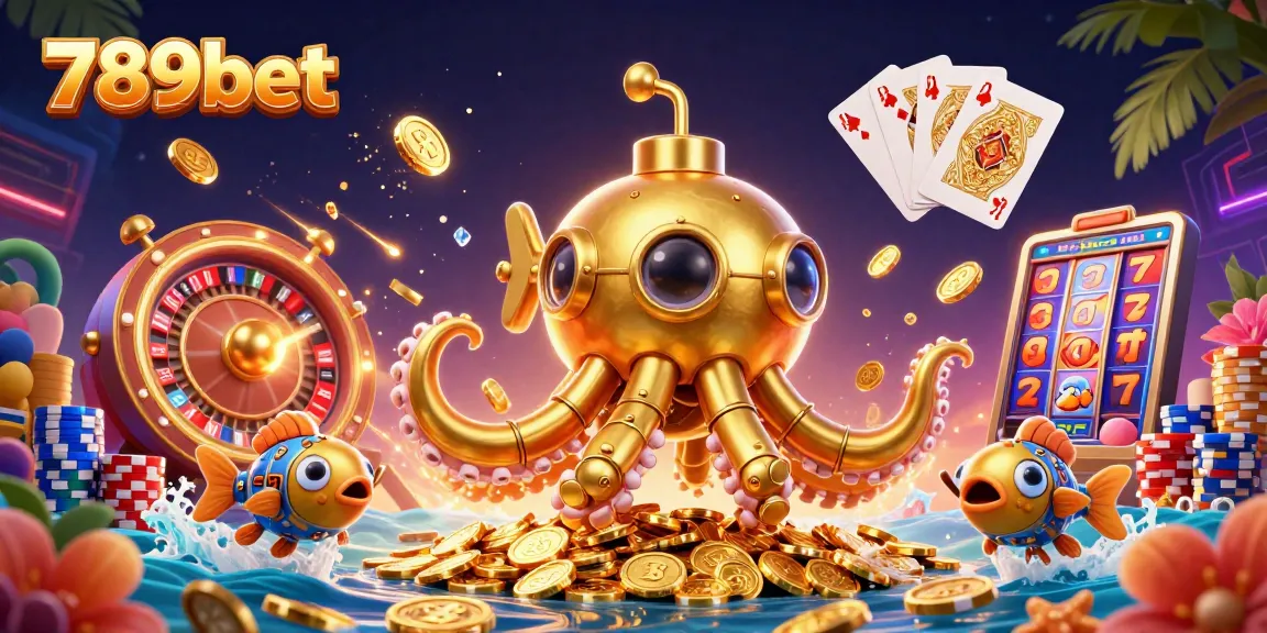 Experience 789bet's vibrant casino adventure with a golden kraken amid cascading coins and game elements.