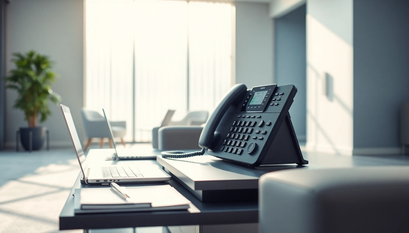 Showcase of advanced business phone systems in a modern office environment.