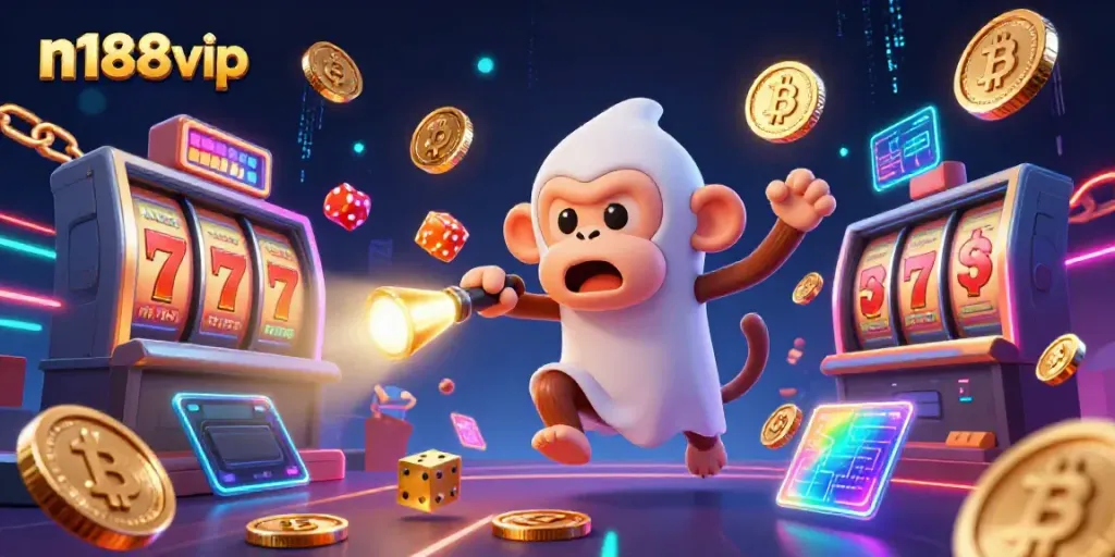Engage in immersive gaming at n188vip with a ghostly monkey and hero puppy in a vibrant casino.