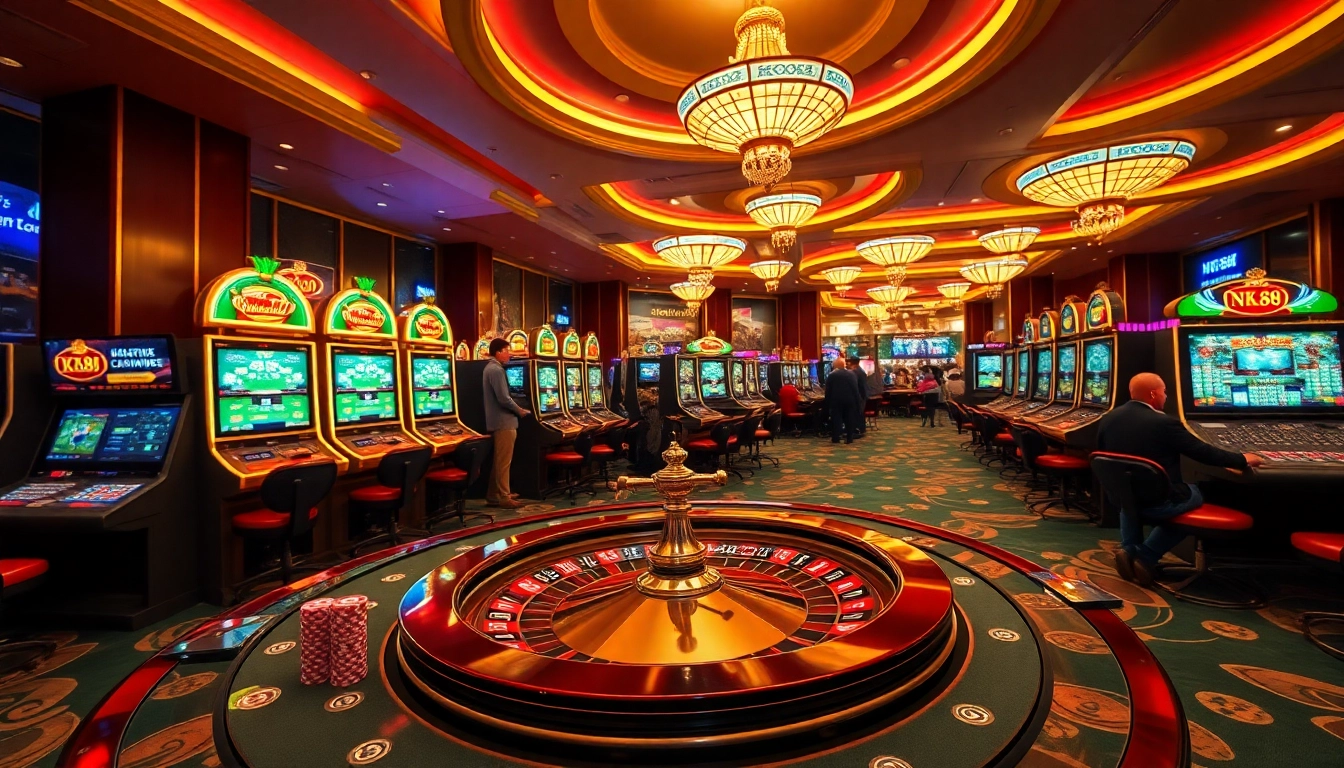 Experience the excitement of NK88 with vibrant poker chips, a roulette table, and slot machines.