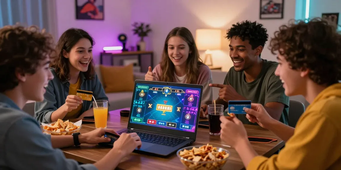 Friends enjoying online casinos that accept credit cards, sharing snacks and excitement.