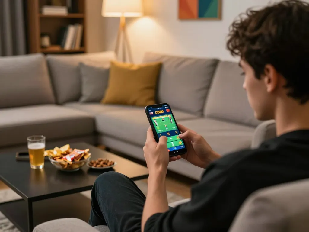 Person placing bets on CO88 sports betting app in a cozy living room setting.