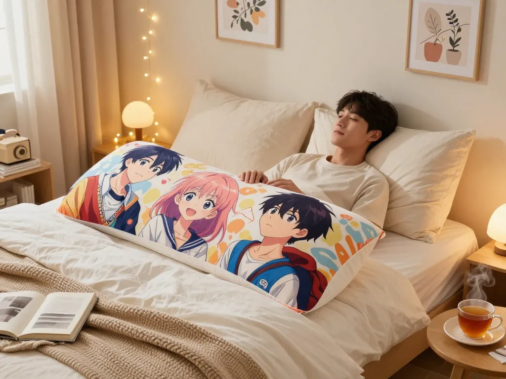 Explore the cozy bedroom with a vibrant dakimakura pillow artfully placed, showcasing anime character design.
