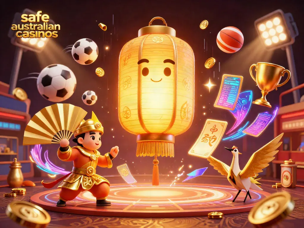 Engage with safe Australian casinos in this vibrant 3D illustration showcasing a golden lantern spirit amidst dynamic gaming elements.