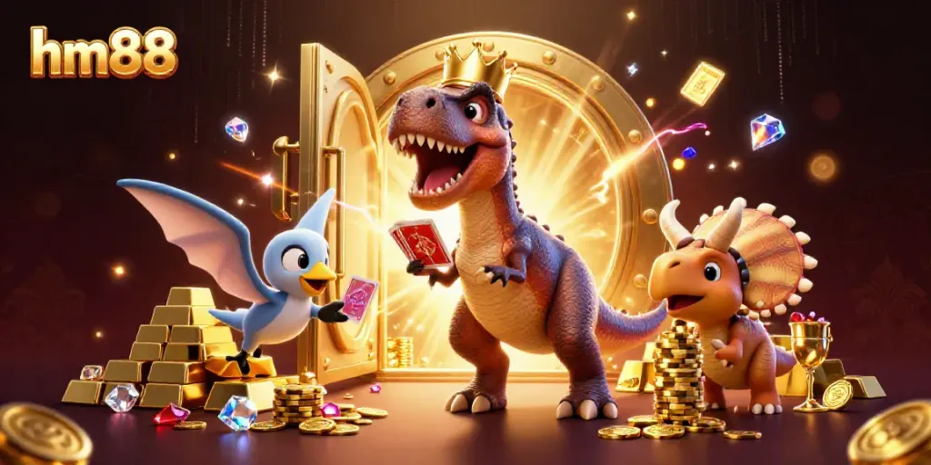 Experience the thrilling card game atmosphere with hm88 as friendly dinosaurs engage in casino fun.