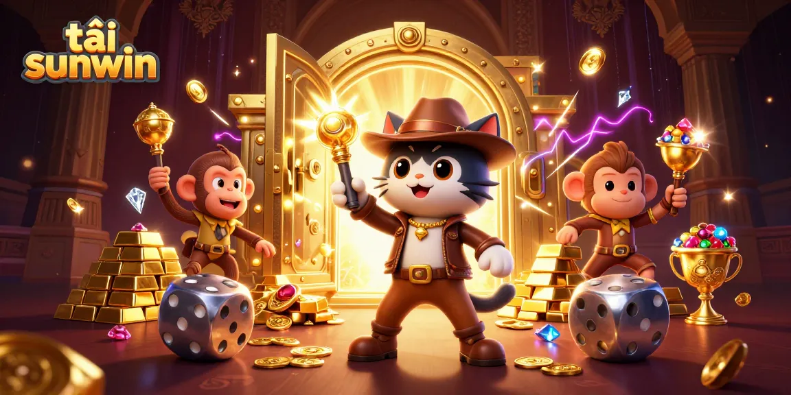 Spin and win with tải sunwin, a vibrant cartoon scene of treasure exploration in a magical casino