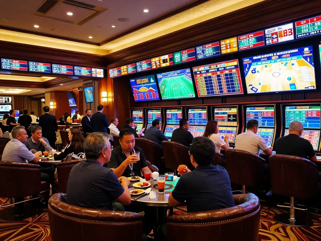 Excited patrons analyzing kèo nhà cái odds in a luxurious sports betting lounge, watching live games.