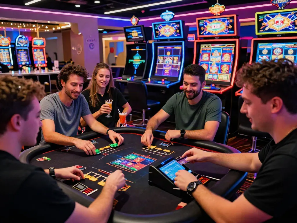 Exciting scene of players using credit cards at a modern online credit card casino, emphasizing vibrant gaming atmosphere.