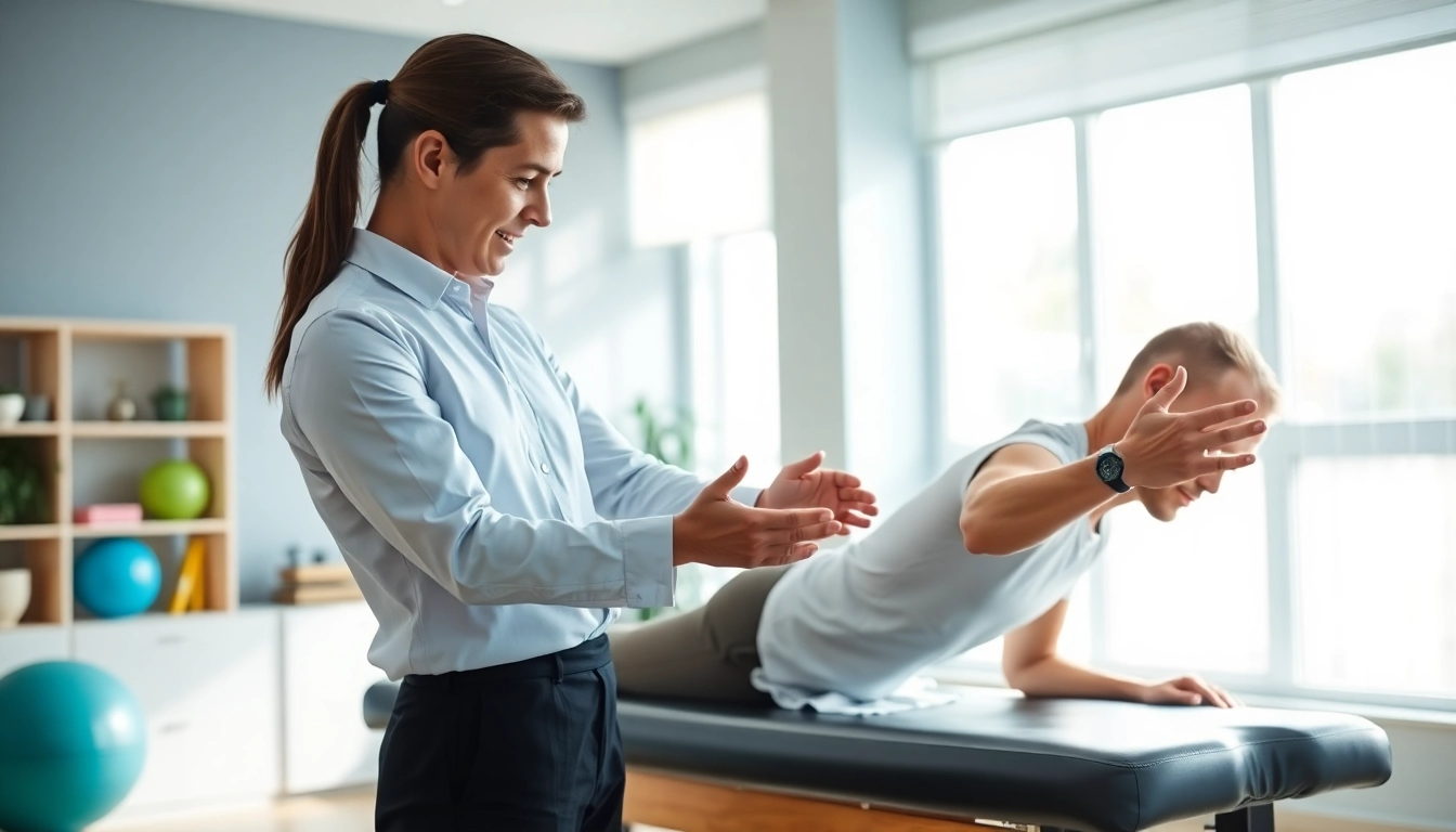 Therapist illustrating back pain solutions in a bright, modern clinic.