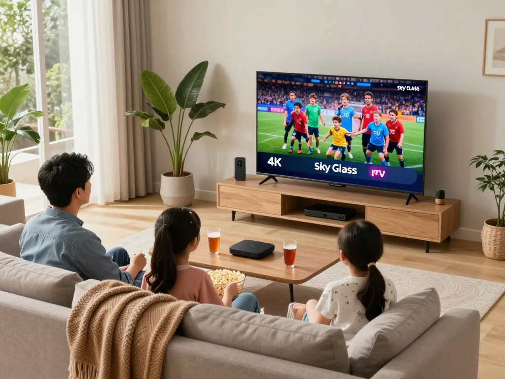 Sky glass IPTV streaming service enjoyed by a family in a cozy living room, showcasing vibrant 4K content.