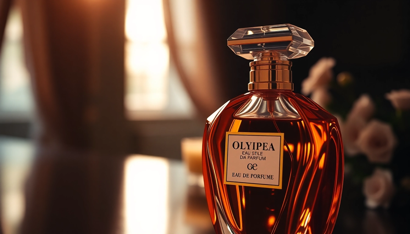 Olympea fragrance bottle surrounded by jasmine and mandarin elements, exuding elegance.