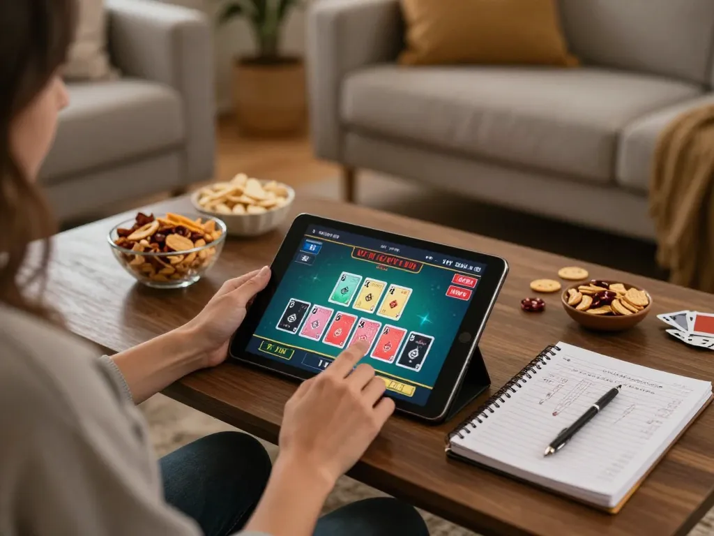 Player enjoying live dealer blackjack on 32win in a cozy home setting with strategic notes
