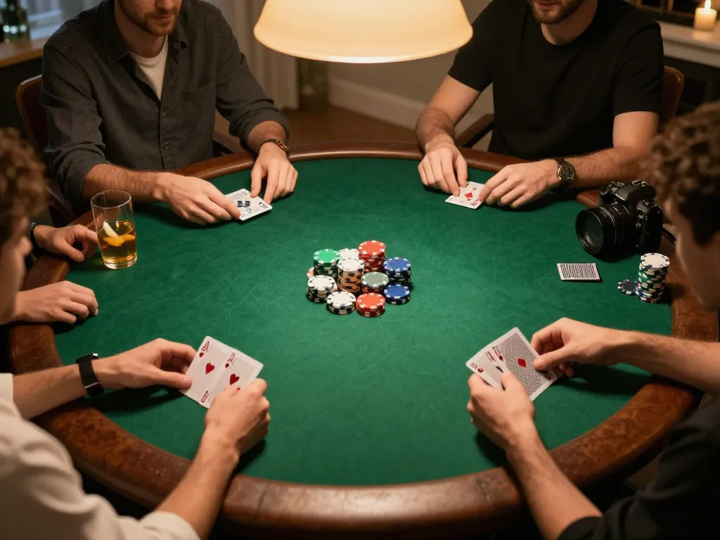 RR88 players engaging in a strategic home poker night with cards and chips on the table.