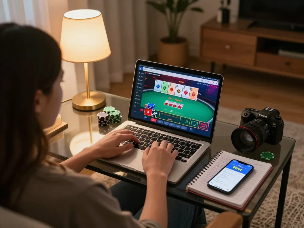 A person engaging with the 88vv online casino platform from home, showcasing a strategic gaming setup.