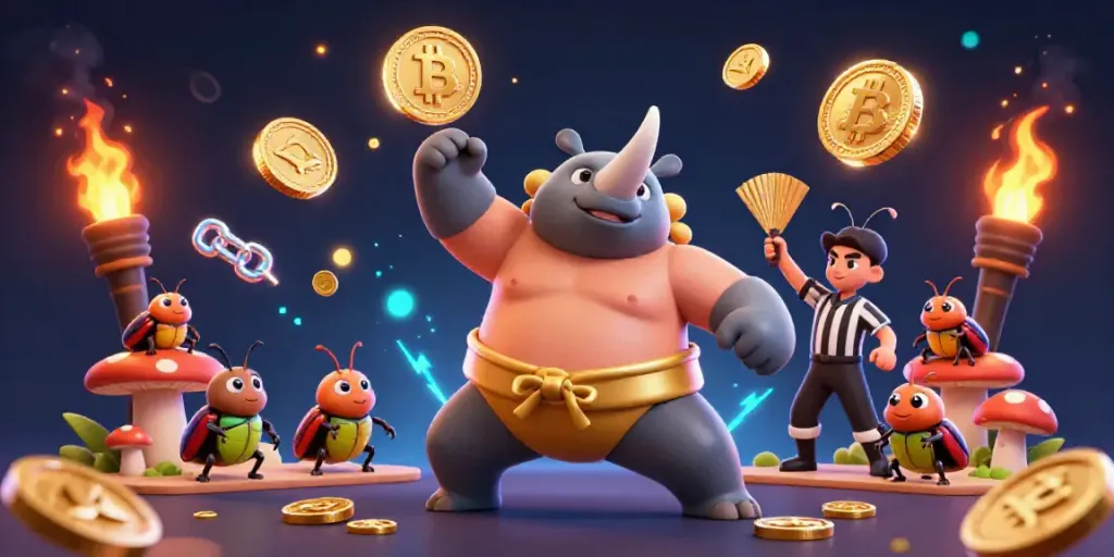 Witness a 888vnd-themed dynamic scene as a rhinoceros beetle champion triumphs in a sumo match, surrounded by crypto coins and cheering spectators.