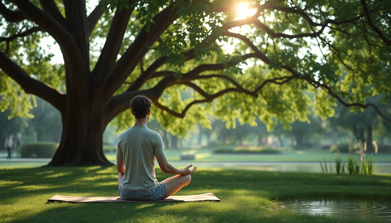 Meditating individual promoting mental wellness in a serene park setting.