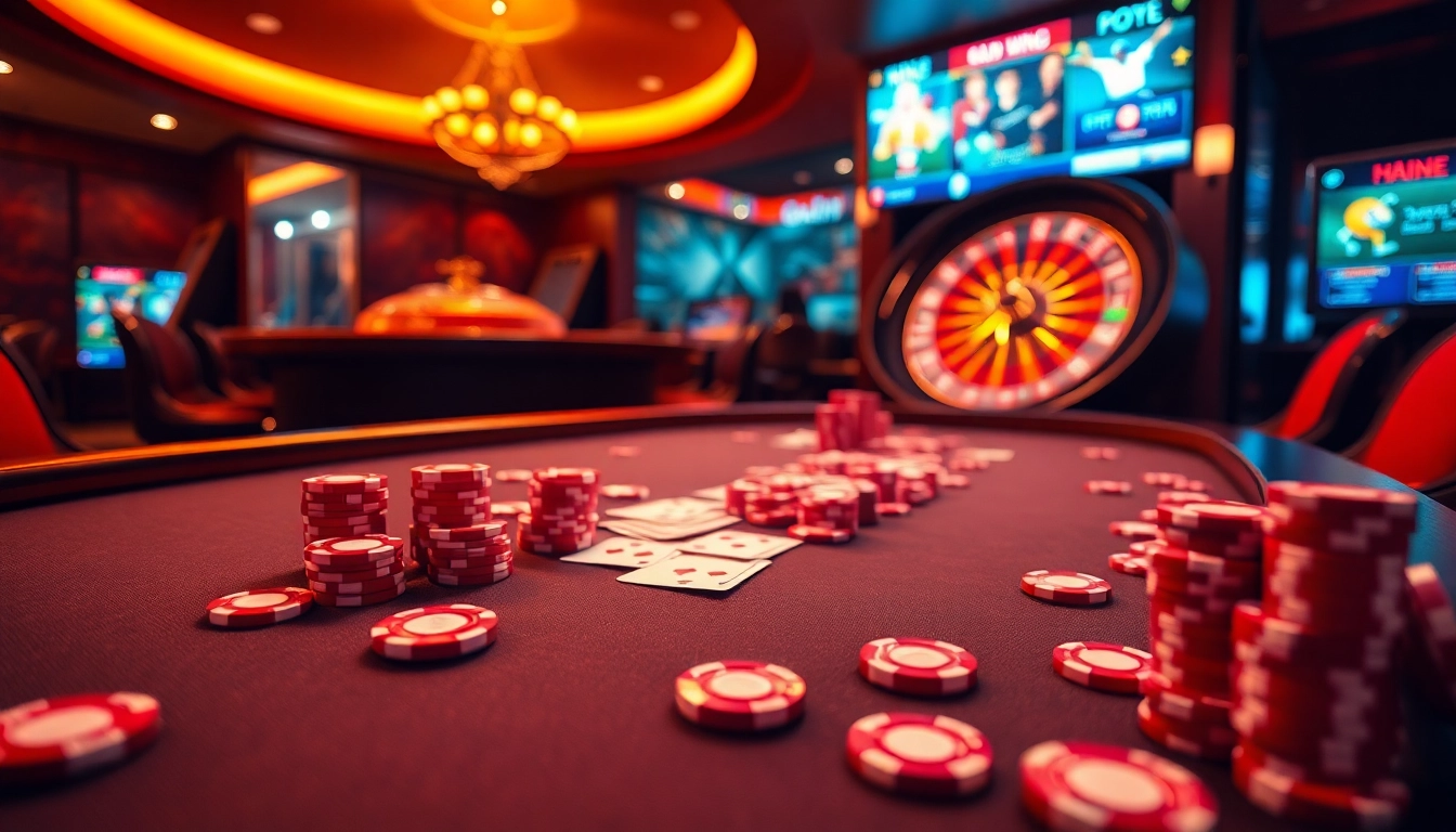 Gambling at okfun with excitement, showcasing poker chips and a roulette wheel in a luxury casino setting.