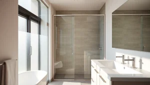 Admire these elegant sliding shower doors designed for modern bathrooms.