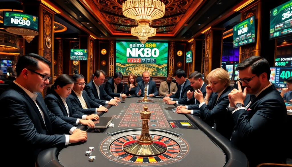 NK88 players strategizing at an elegant casino table with vibrant lights and high stakes.