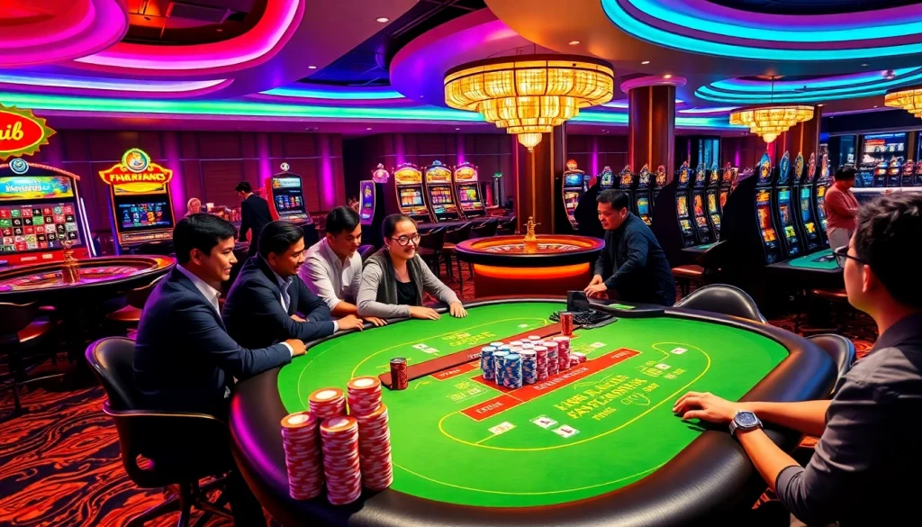 Engaging players enjoy high-stakes action at Fun88 Thai casino tables with vibrant roulette wheels.