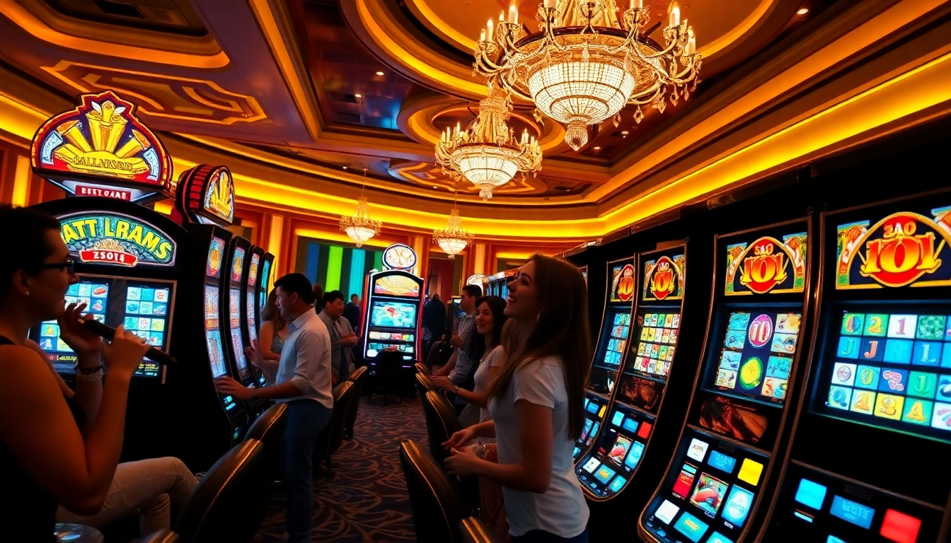 Players enjoying thrilling slot machines in a luxurious casino setting, capturing the excitement of the game.