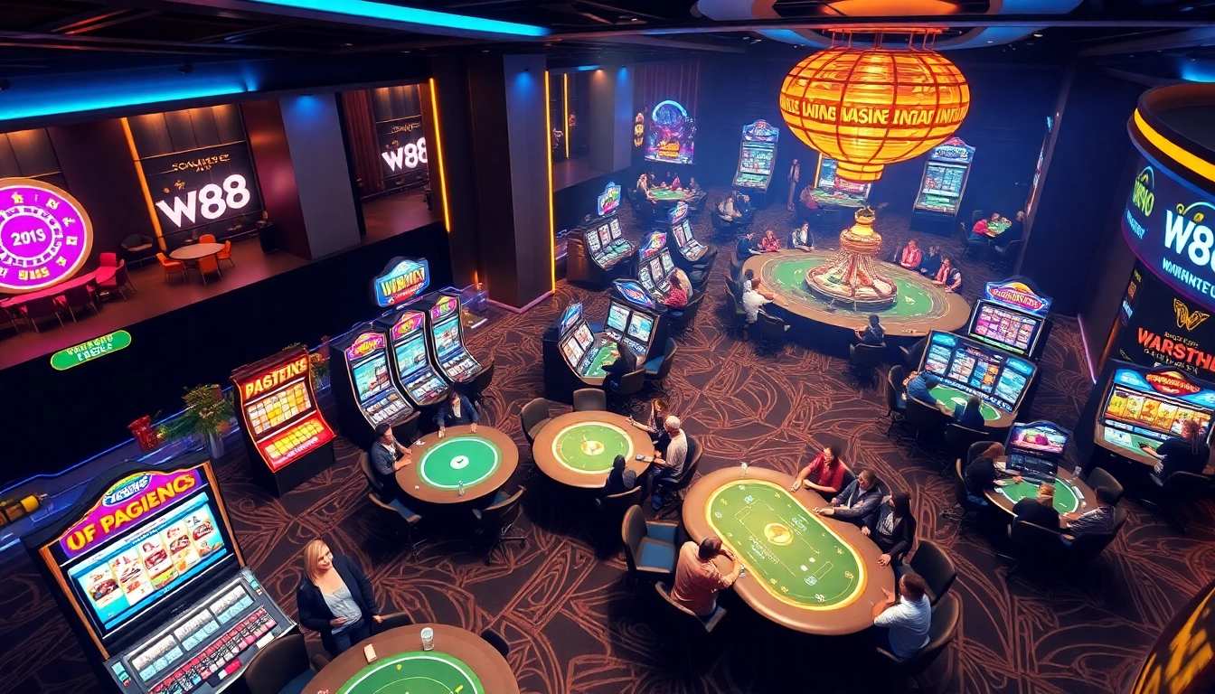 W88.nyc online casino showcasing vibrant slot machines and poker tables in a luxurious environment