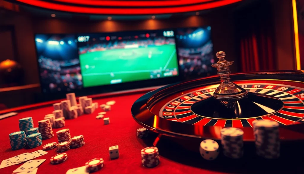 Engaging scene of gambling excitement at a Cakhiatv viewing event featuring poker chips and a roulette wheel.