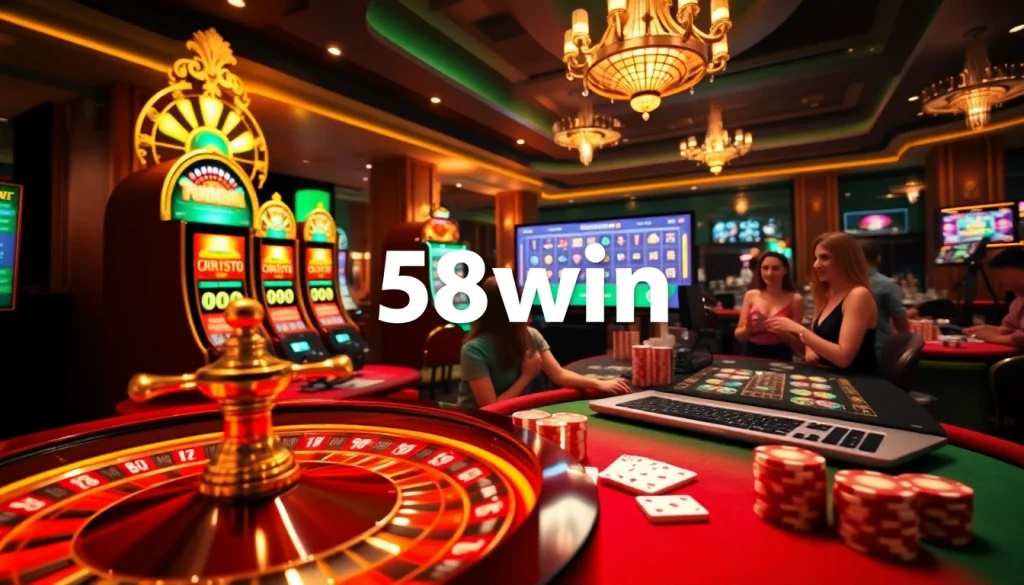 Experience the excitement of 58win at a luxurious online casino with vibrant slot machines and poker tables.