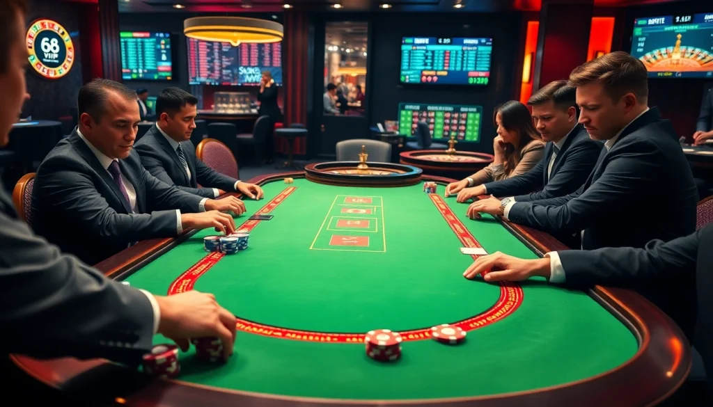 Experience the thrill of 68VIP with intense poker gameplay at a luxurious casino table.