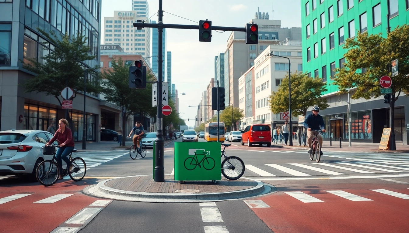 Intersection bicycle box (IA +18) in an urban setting, promoting cycling safety and infrastructure.