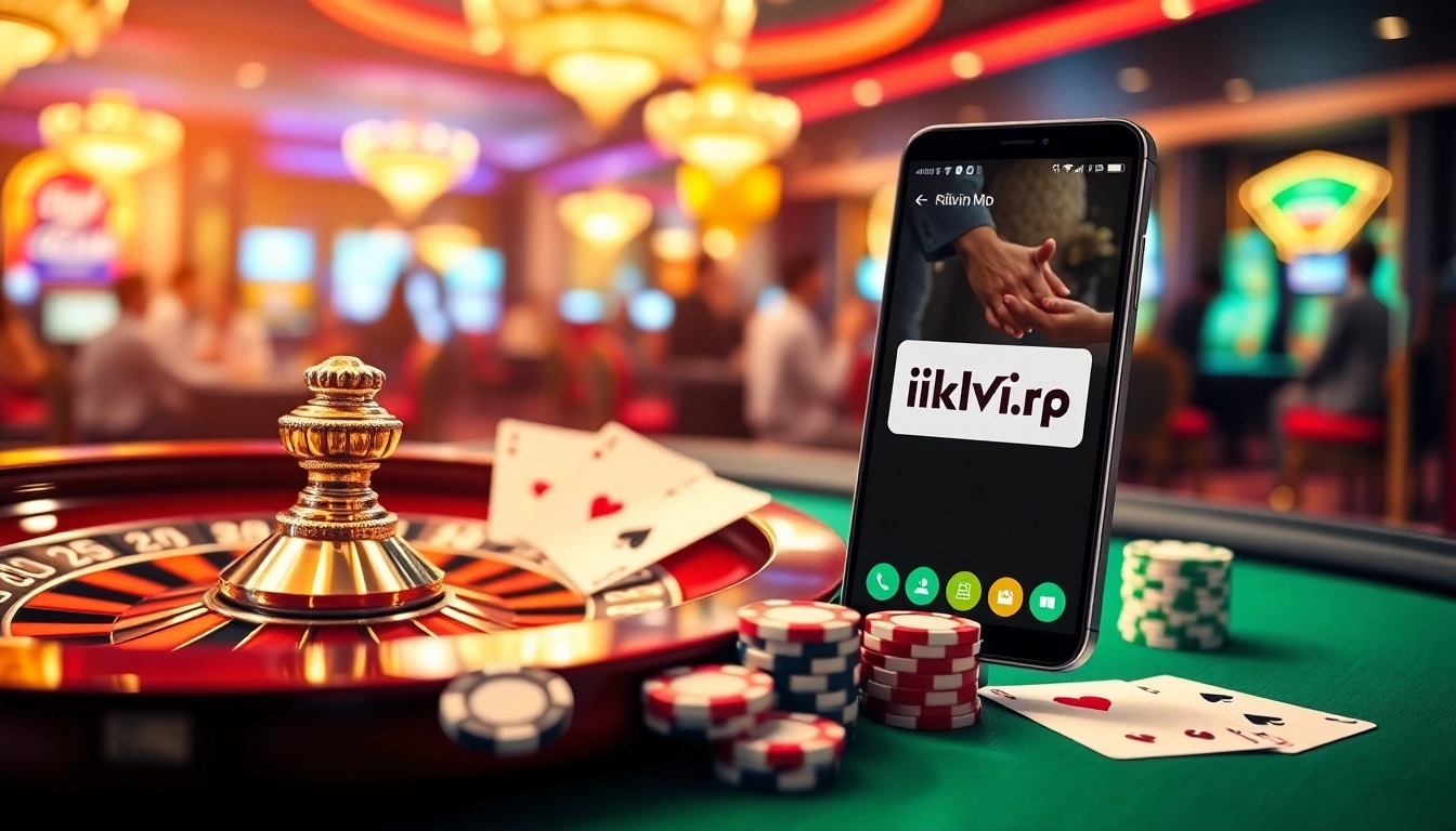 Experience the excitement of online gambling at rikvip.gb.net with vibrant casino visuals showcasing roulette and poker.