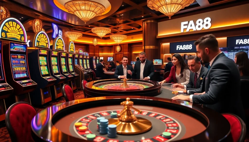 Engage with FA88's vibrant casino atmosphere featuring poker chips and live gaming action.