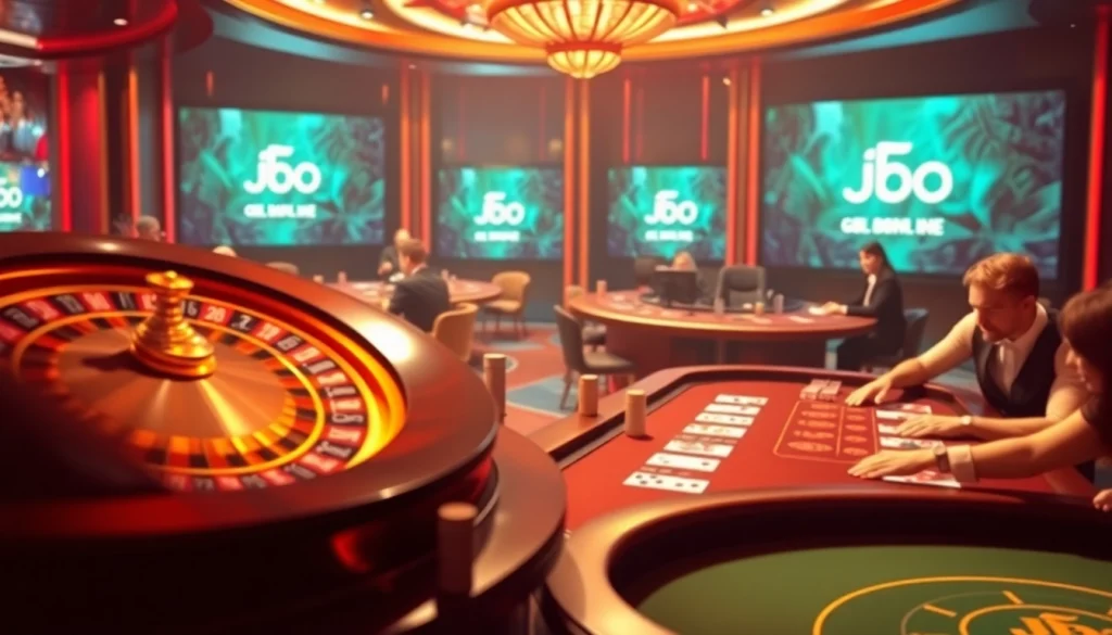 Engaging scene of online gambling at jbo chính thức with poker chips, roulette wheel, and vibrant casino interface.