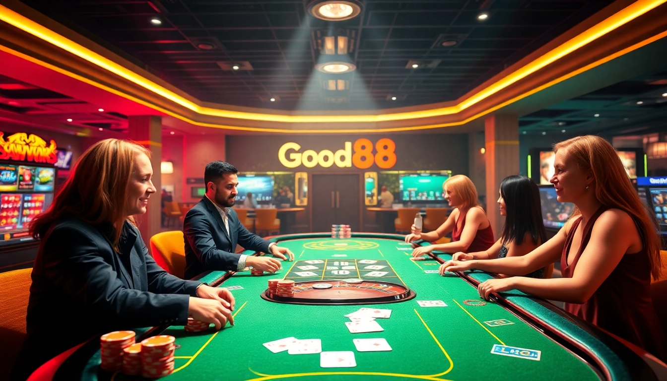 Exciting online gambling experience at Good88.hu.net with engaging dealer and vibrant casino atmosphere.