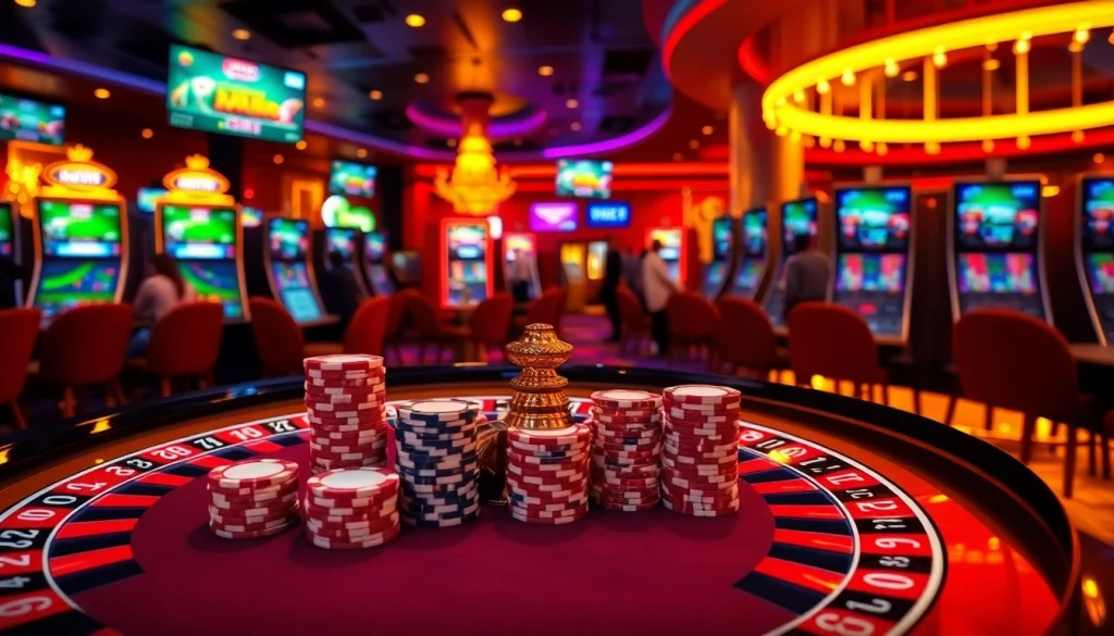 Engaging gambling scene at km1888b with poker chips and roulette table.