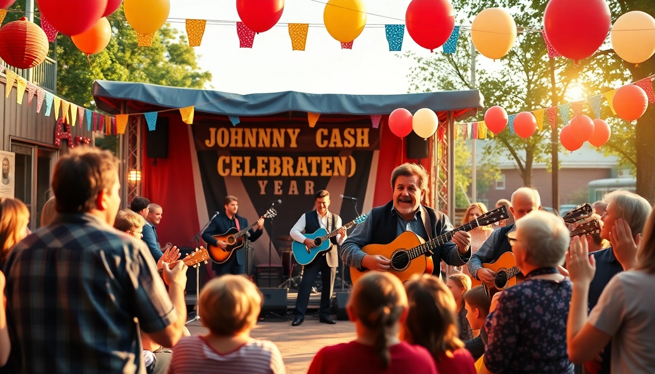 Vibrant scene of a joyous celebration at johnnycashbirthday.com featuring live music and fans enjoying the festival.