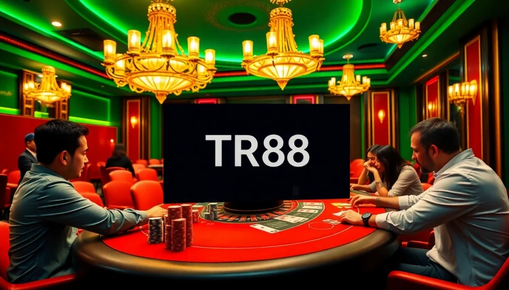 Players engaging in a high-stakes poker game at a TR88 casino table, showcasing excitement and strategy.
