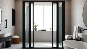 Stylish bathroom featuring a black shower door, blending elegance and modern design.