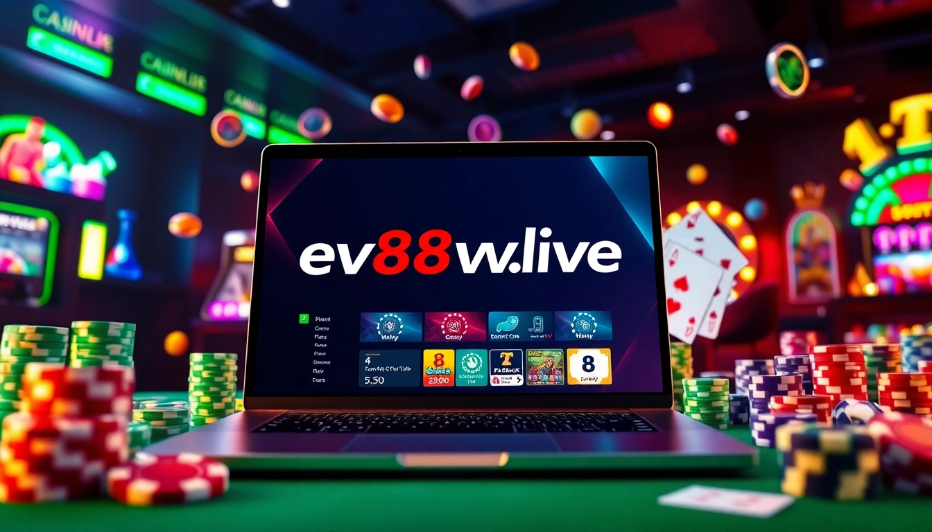Experience the excitement of ev88win.live with vibrant casino elements and engaging gaming visuals.