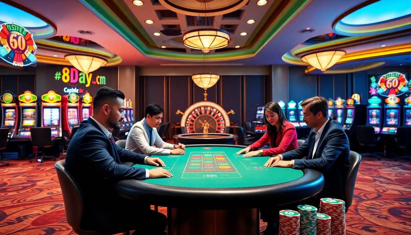 Engaging poker game at 8day.cn.com casino with colorful slot machines and chips.