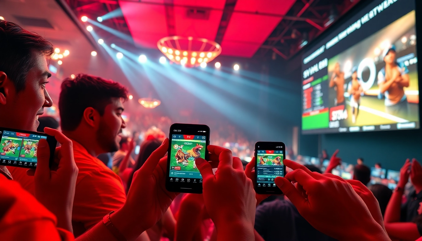 Online cockfighting action at sv368win.live with vibrant spectators and digital betting visuals.