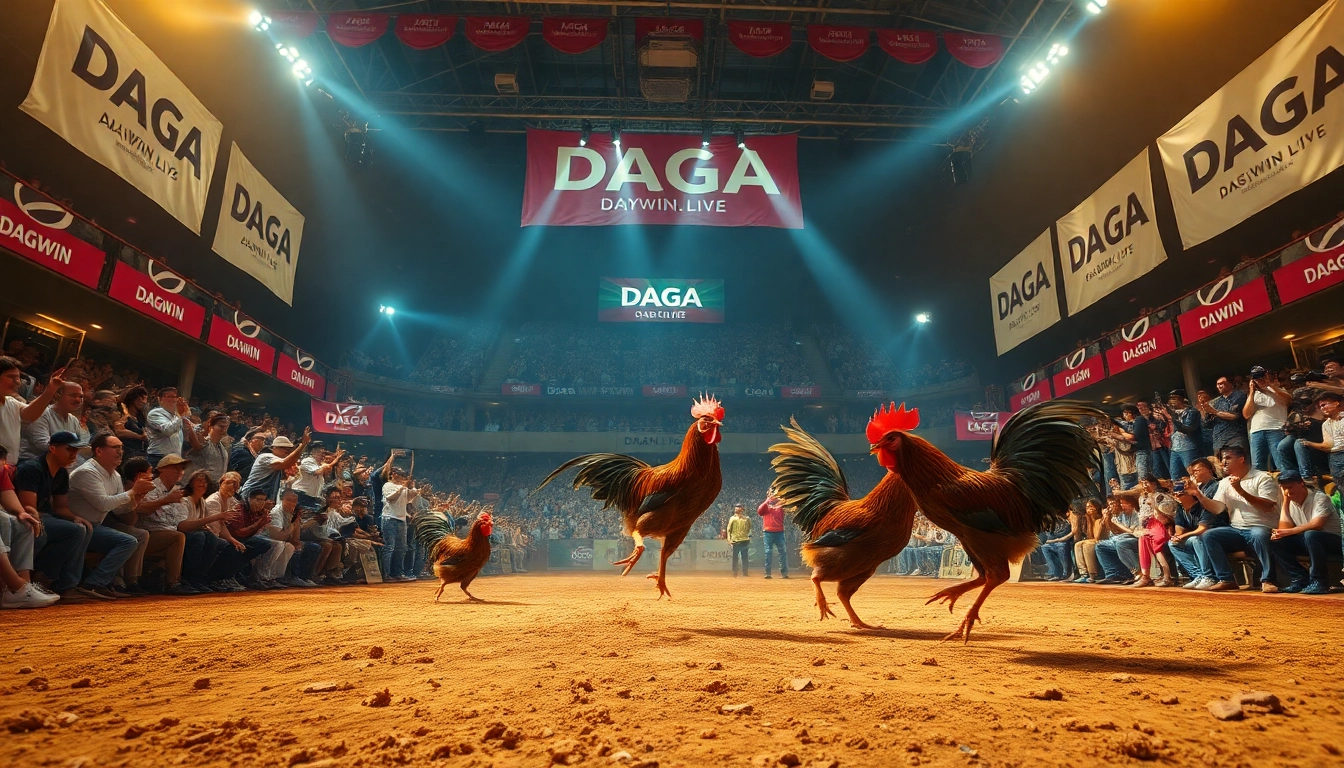 DAGA live cockfighting event showcasing excitement and energy, featuring competitive roosters and cheering fans, representing dagawin.live.