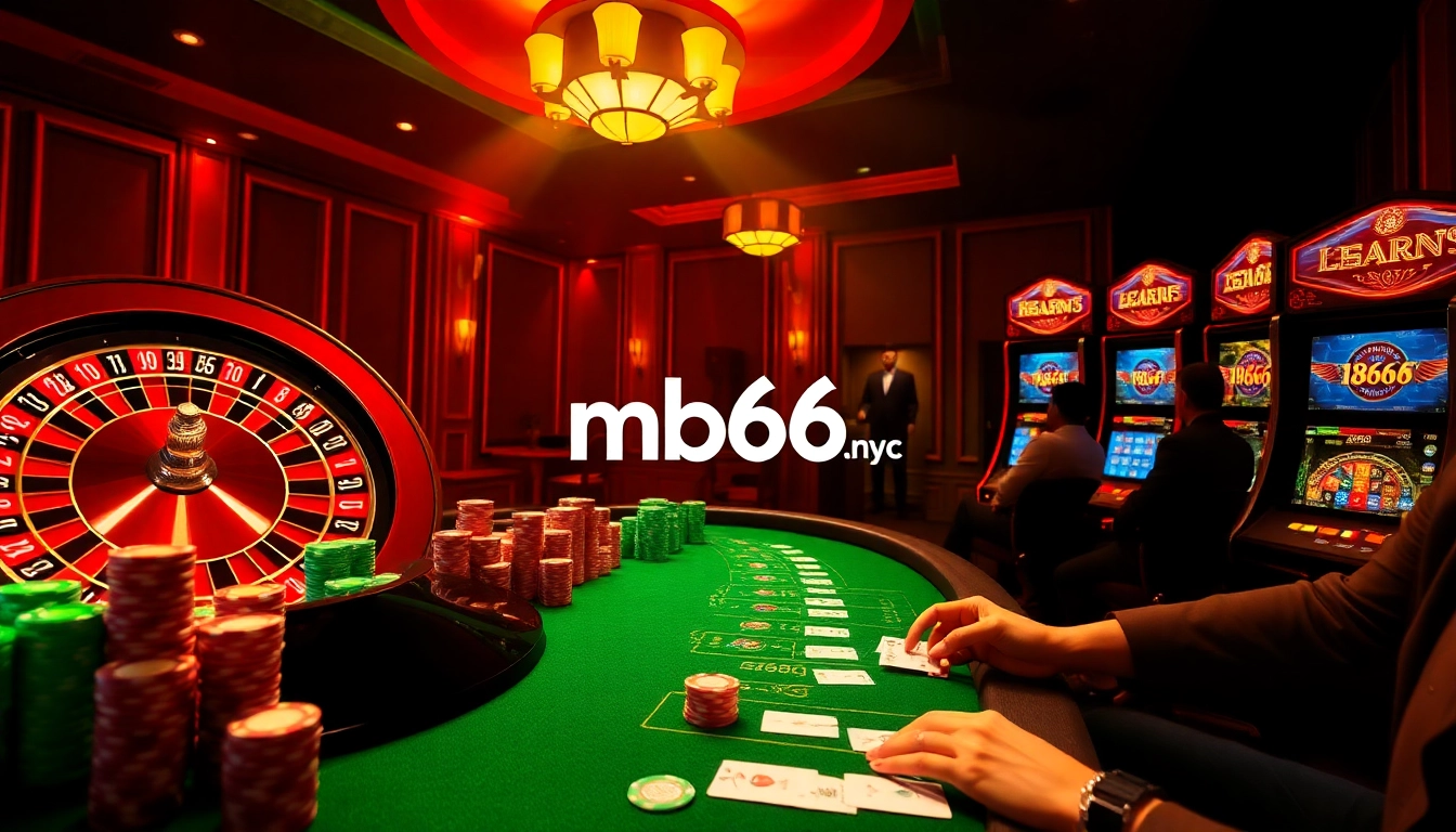 Experience high-stakes gambling at mb66.nyc with vibrant roulette wheels and colorful poker chips.
