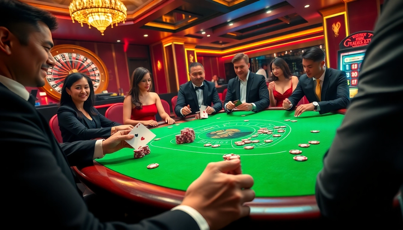 Engaging players at a vibrant casino table depict high-stakes excitement at https://sv88s.pro.