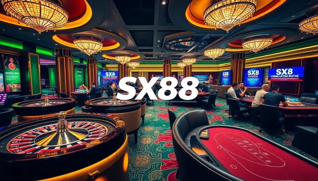 SX88 casino players enjoying high-stakes games at luxurious tables with vibrant ambiance.
