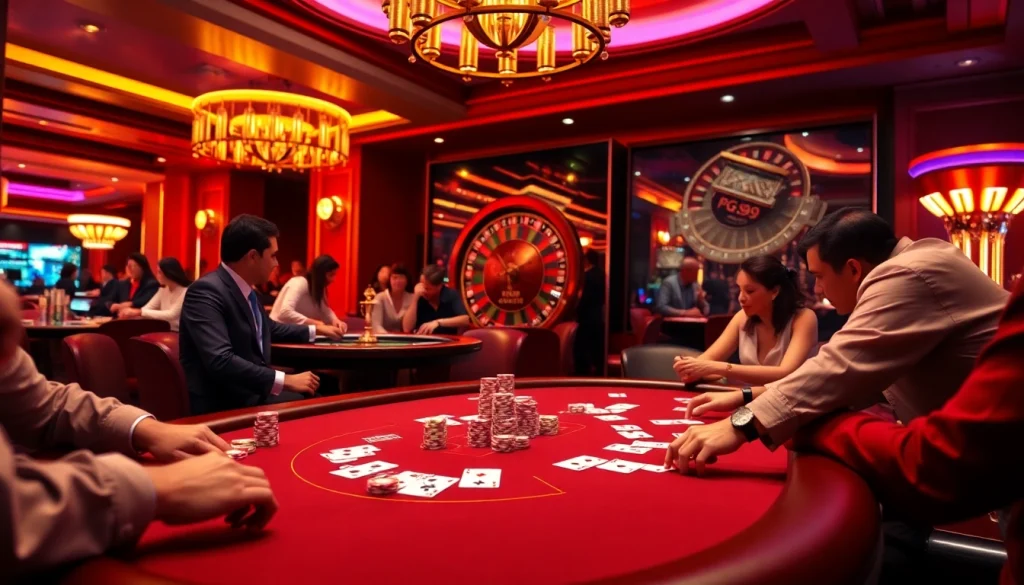 Excited players at PG99 poker table showcasing thrilling casino action.