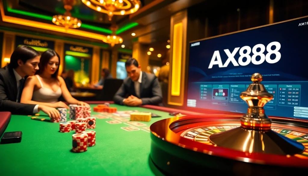 Engaging scene of players at an AX88 casino poker table, showcasing vibrant chips and roulette.