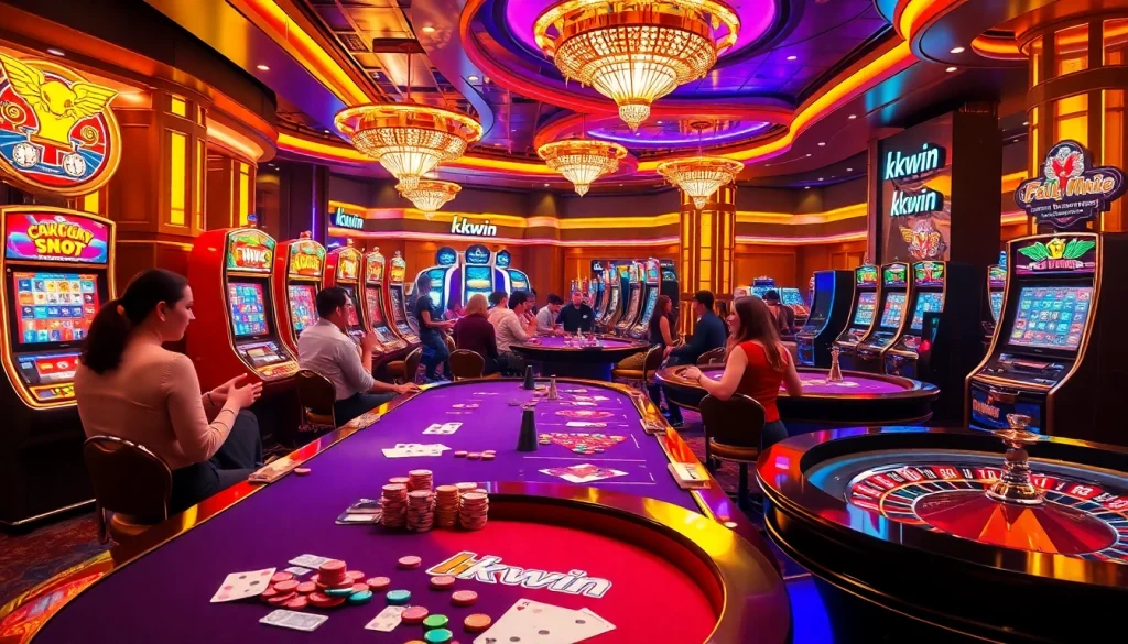 Players enjoying thrilling games at kkwin casino with vibrant slot machines and roulette.