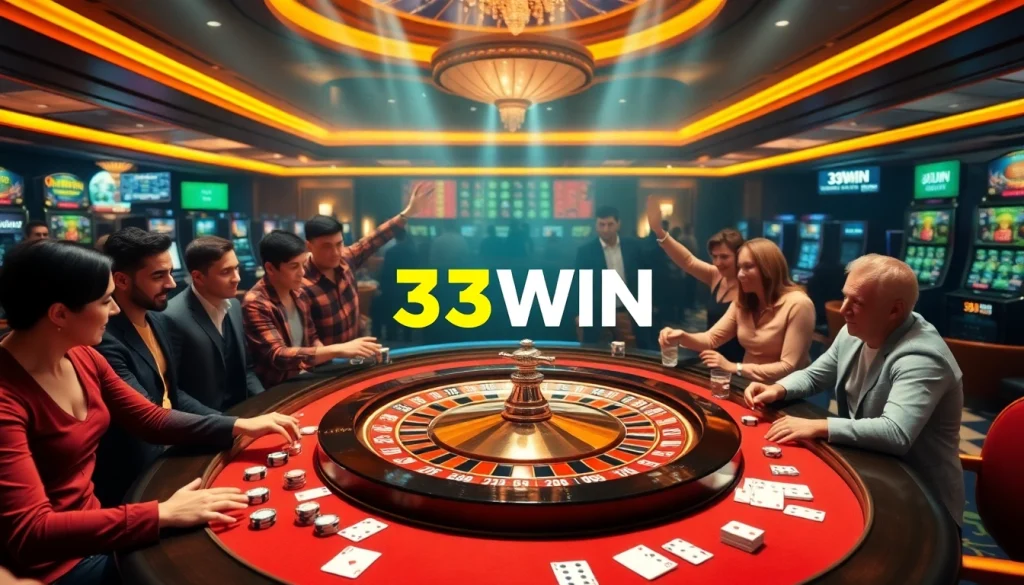33WIN highlights an exciting casino scene filled with vibrant players and colorful gaming elements.
